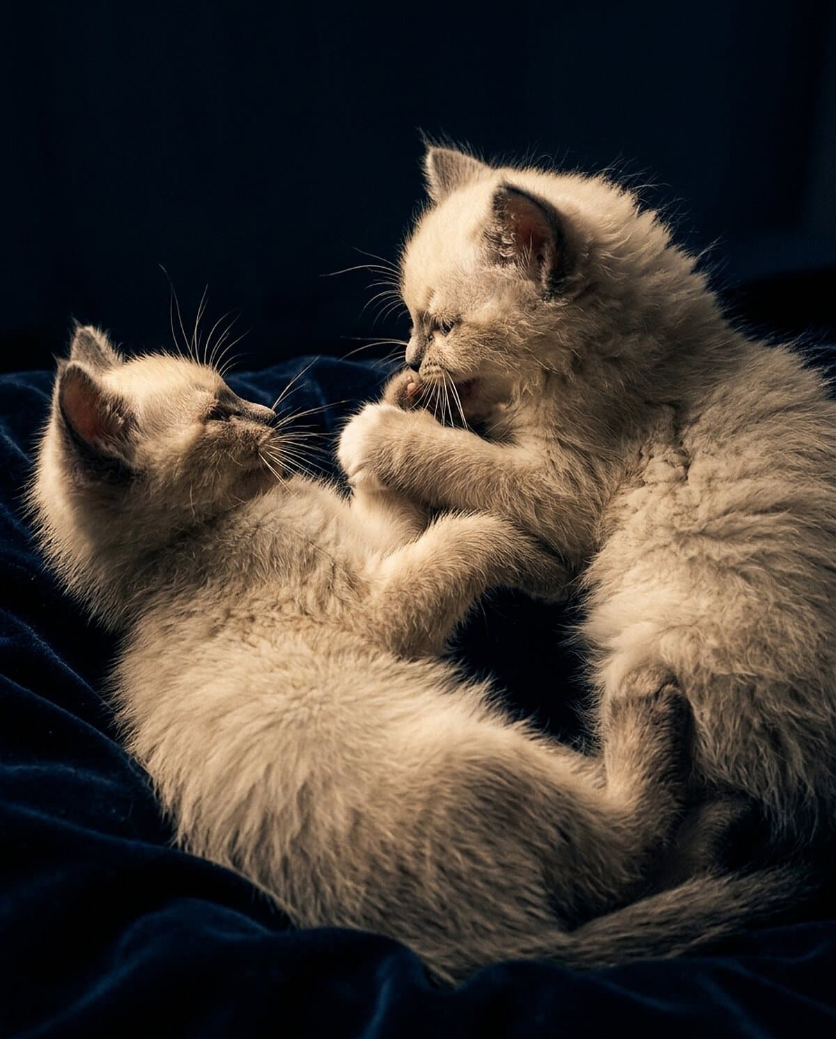 Zwei cremefarbene Kitten liegen dicht aneinandergedrängt auf einer dunklen Decke