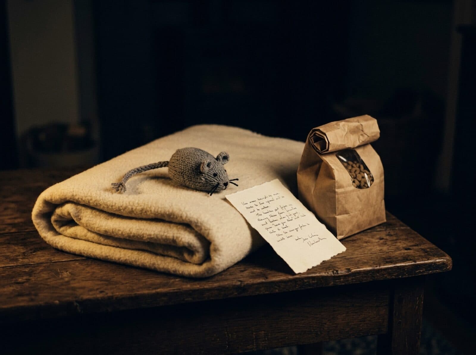 Zusammengelegte cremefarbene Decke, Futtertüte, handgeschriebener Futterplan und eine gestrickte Spielmaus