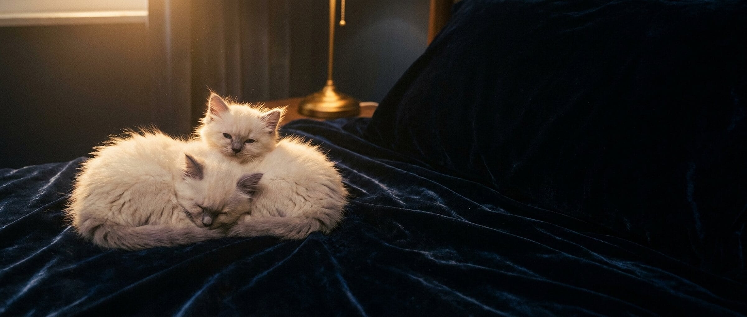 Zwei cremeweisse Kitten liegen eng aneinander auf dunkelblauem Samt