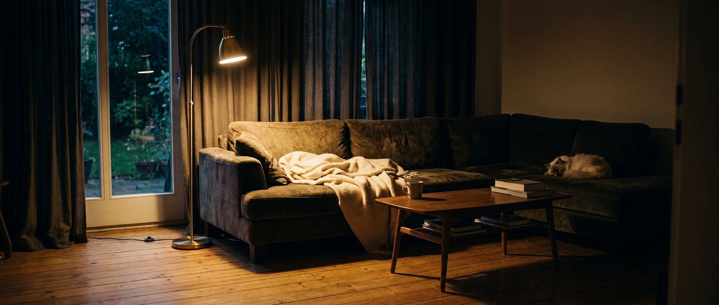 Warm beleuchtetes Wohnzimmer am Abend mit Sofa, heller Decke und Messinglampe